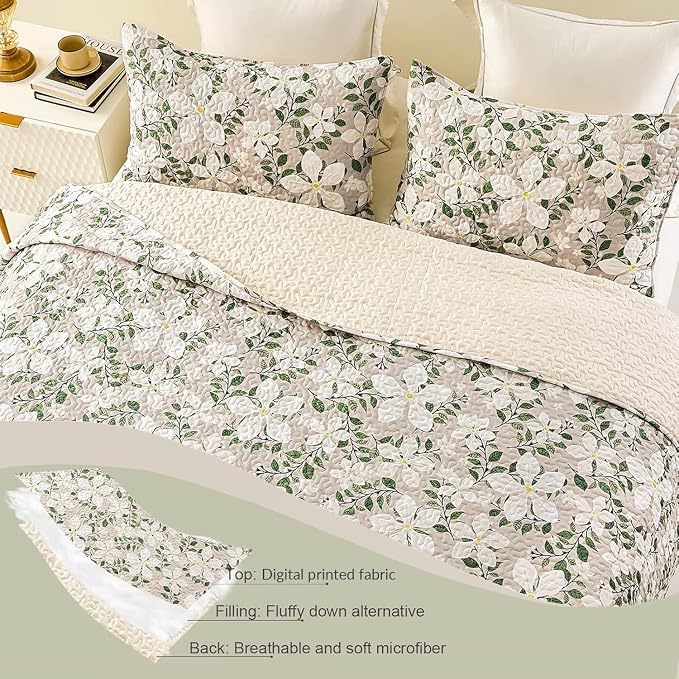 Whale Flotilla California King Size Quilt Set, Soft Floral Leaf Bedspreads | - Image 6