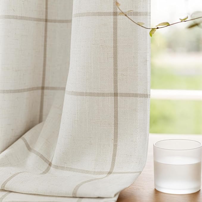 DriftAway 100% Blackout Windowpane Plaid Linen Curtains 54 Inches Taupe | - Image 4