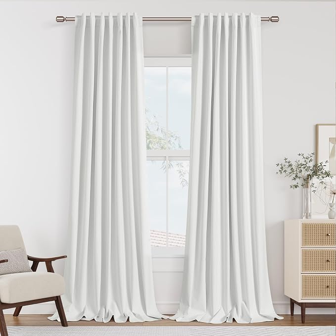 White 100% Blackout Linen Curtains 52 Inch Wide by 114 Inch by Guken