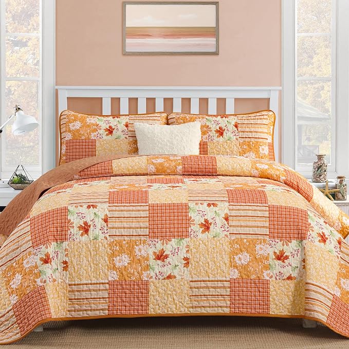 Mybedsoul Orange Boho Quilt Set Queen Size, 3 Pieces Plaid Floral Bedspread by Mybedsoul