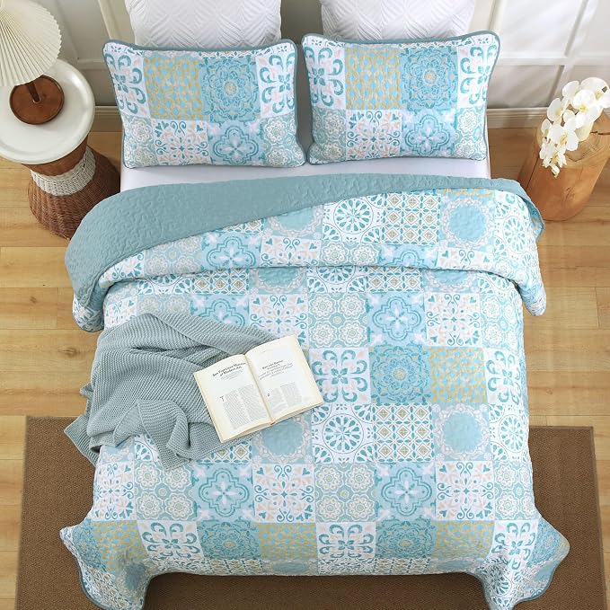 Dobuyly Queen Quilt Set Aqua Blue Patchwork Bedspread 3 Piece | Vintage Floral - Image 3