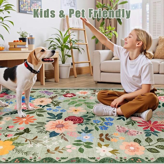 PLHXFR 8x10 Area Rug Living Room: Floral Washable Boho Soft Carpet Green | - Image 7