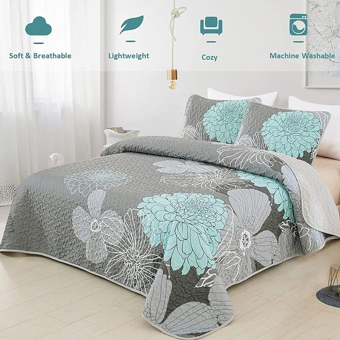 Yiran Grey Aqua Floral Quilt Set King Size, 3 Pieces Botanical Quilt Set | - Image 3