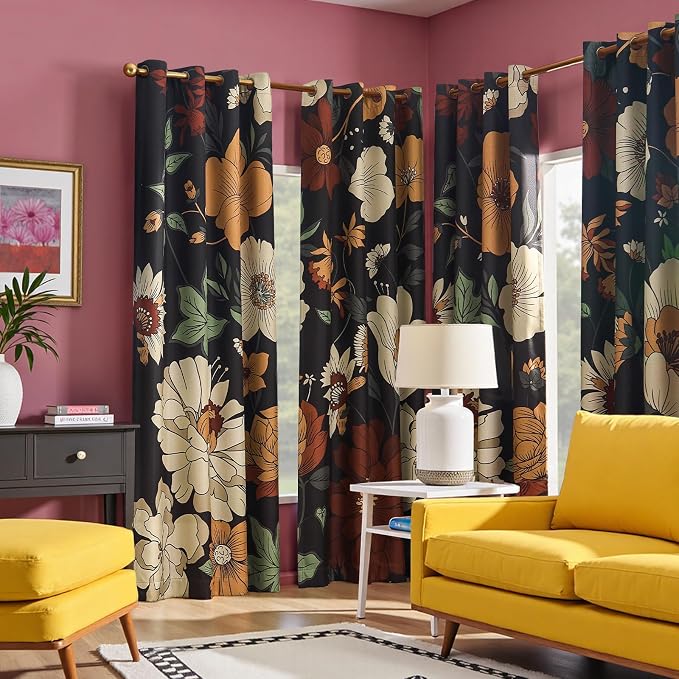 jinchan Black Boho Floral Blackout Curtains 108 Inch Grommet 2 Panels | Room - Image 6