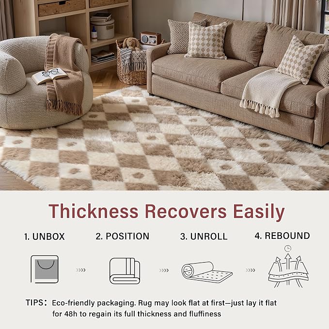 Brown 9x12 Area Rug for Living Room Soft Checkered Shag Carpet | Machine - Image 8