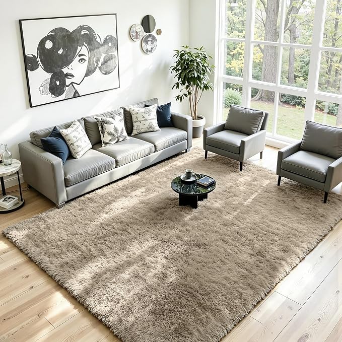 9x12 Fluffy Area Rug for Living Room: Non-Slip Grey Camel Bedroom Carpet | - Image 2