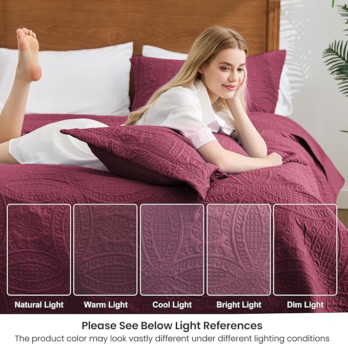 Love's cabin California King Size Quilt Bedding Set Burgundy Bedspreads - Image 6