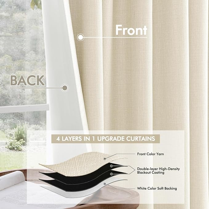 MIULEE 100% Blackout Back Tab Pleat Linen Curtains 50" Wx120 L, Light Cream | 2 - Image 5