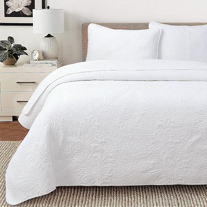 Cozy Line Home Fashions White 100% Cotton Quilt Set King | 3-Piece, Quilted by CozyLineHomeFashions