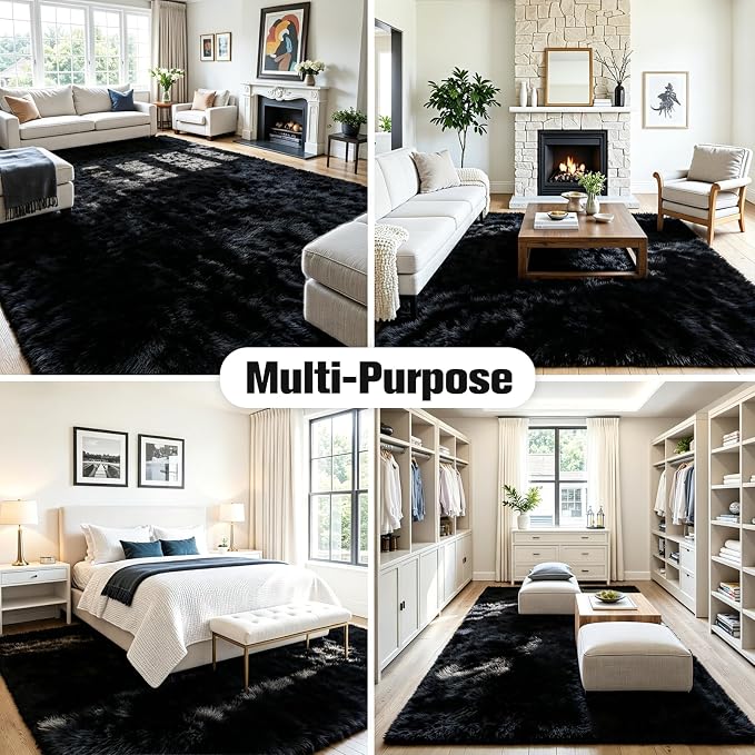 9x12 Fluffy Area Rug for Living Room: Soft Non-Slip Black Bedroom Carpet | - Image 9