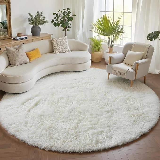Cream White Round Rugs 8ft for Living Room, Ivory Fluffy Bedroom Circle Area Rug - Image 5