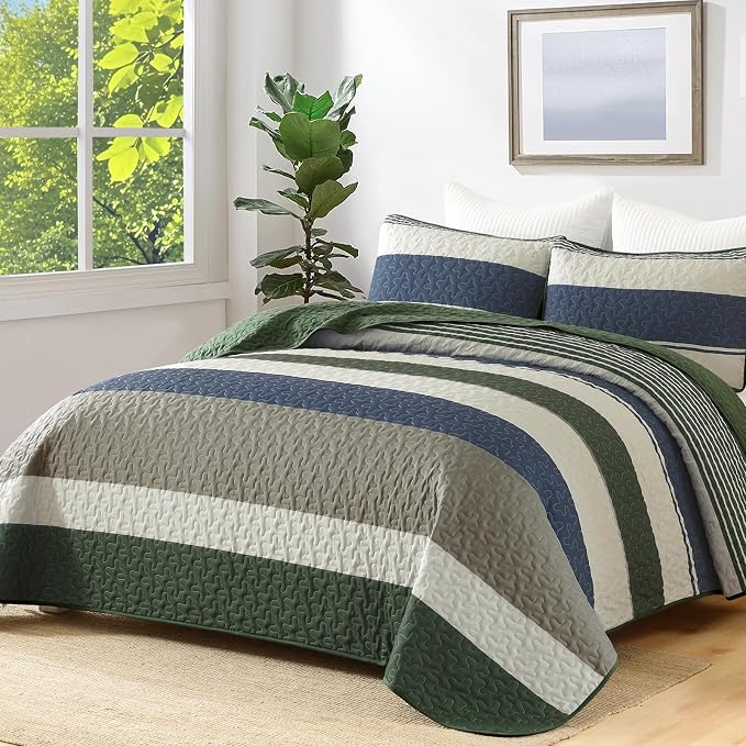 Dinjoy King Boho Striped Quilt Set, Breathable All-Season, 3-Piece Set Fits - Image 2
