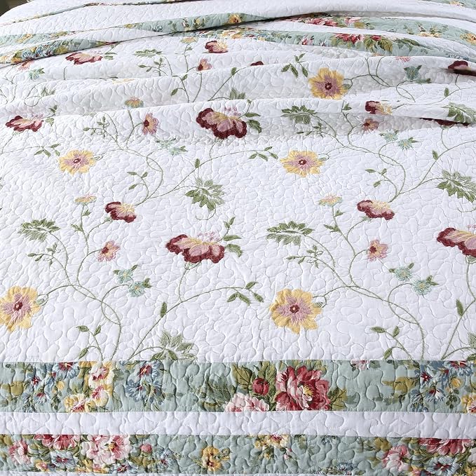 ROOMLIFE 100% Cotton Quilt Set Queen Elegant Floral Embroidery 3-Piece | - Image 5