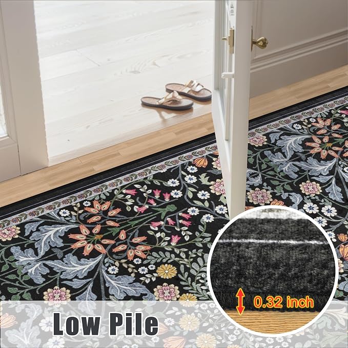 PLHXFR Area Rug 10x12 Living Room: Floral Washable Boho Carpet Dark Black | - Image 8
