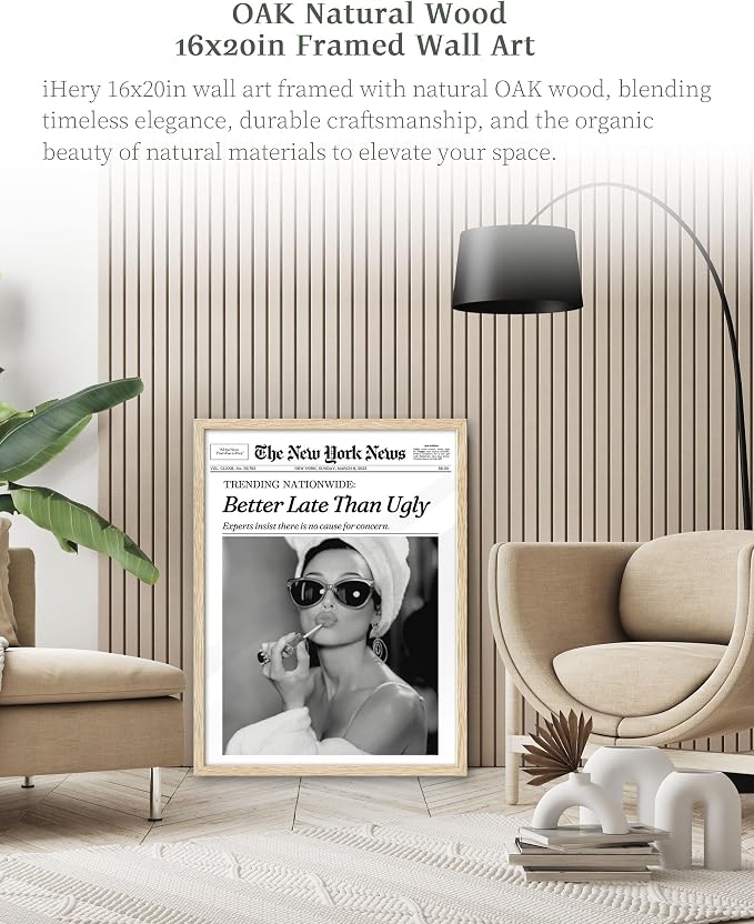 iHery 16x20in Audrey Hepburn Better Late Than Ugly Framed Bathroom Art | - Image 2
