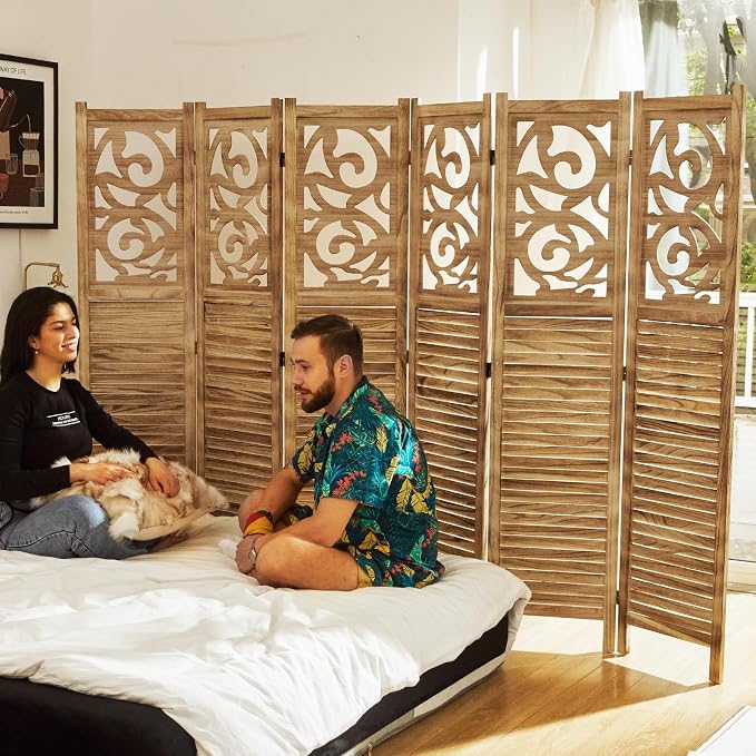 Svimi Folding Room Divider, 5.6Ft 6 Panels Wood Carved Privacy Screens - Image 7