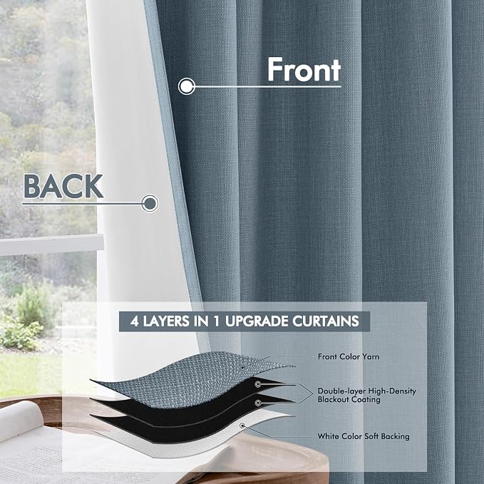 MIULEE 100% Blackout Back Tab Pleat Linen Curtains 50" Wx108 L, Stone Blue | 2 - Image 5
