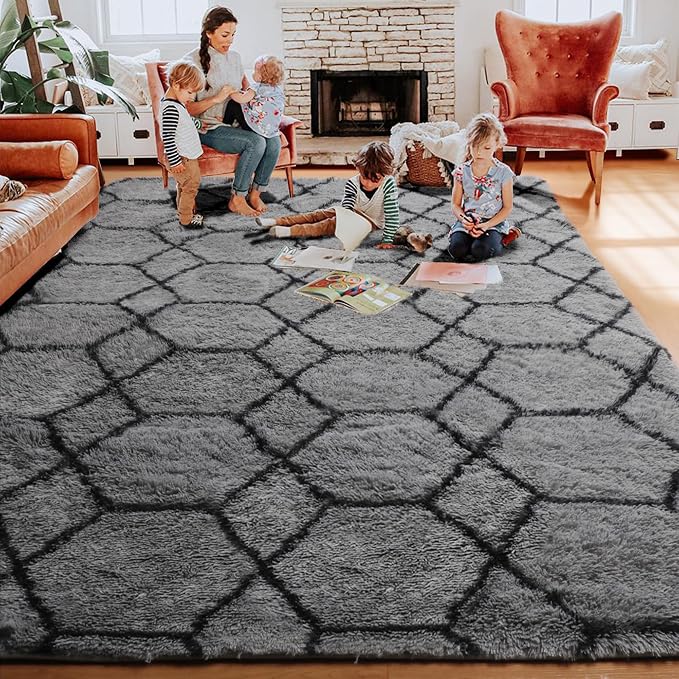 6x9 Area Rugs for Living Room Bedroom, Large Fluffy Grey and Black Throw Shag - Image 7