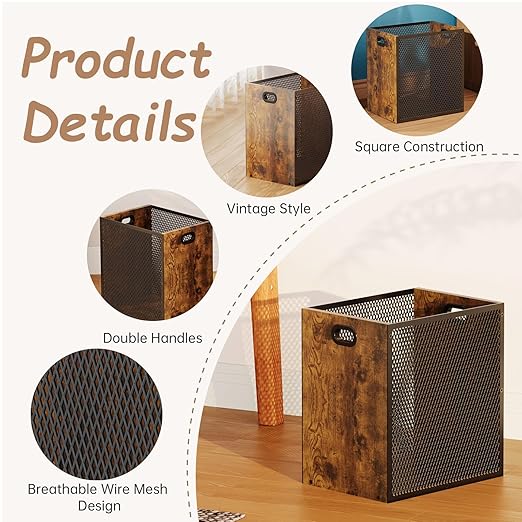 Huxitocan Retro Office Trash Can, Iron and Wood Combination Bedroom Garbage Can - Image 6