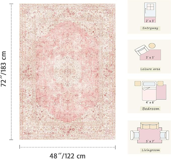 Latte&Fog Vintage Pink Area Rugs 4x6, Washable Cute Small Rugs - Image 2