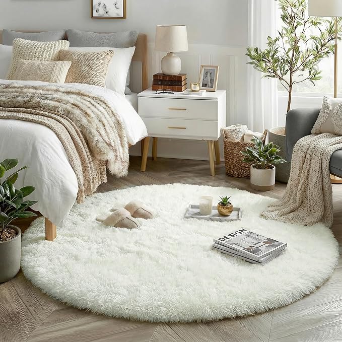 Amdrebio Cream Ivory White Big Furry Area Rug 7Ft - Image 3