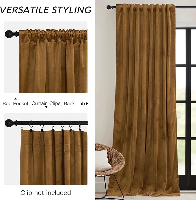 RYB HOME Gold Brown Velvet Curtains 63 inches Length - Image 3