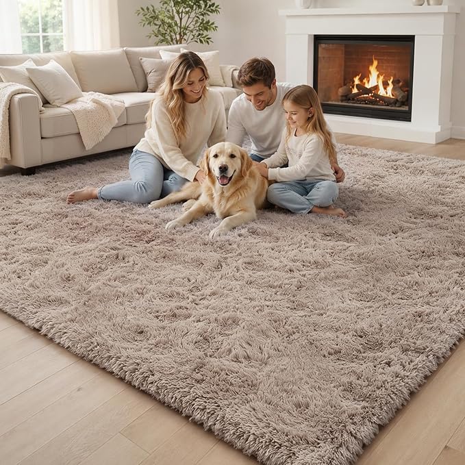 5x8 Beige Shag Area Rug for Living Room, Fluffy Plush Carpet | Non-Slip Large - Image 8