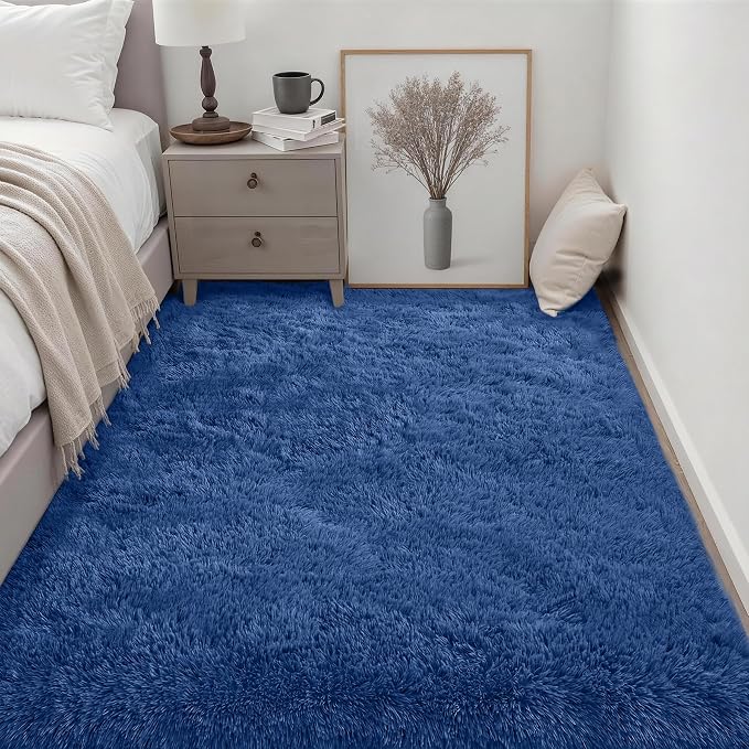 Area Rug Living Room Bedroom: 5x7 Fluffy Plush Shag Carpet Blue | - Image 3