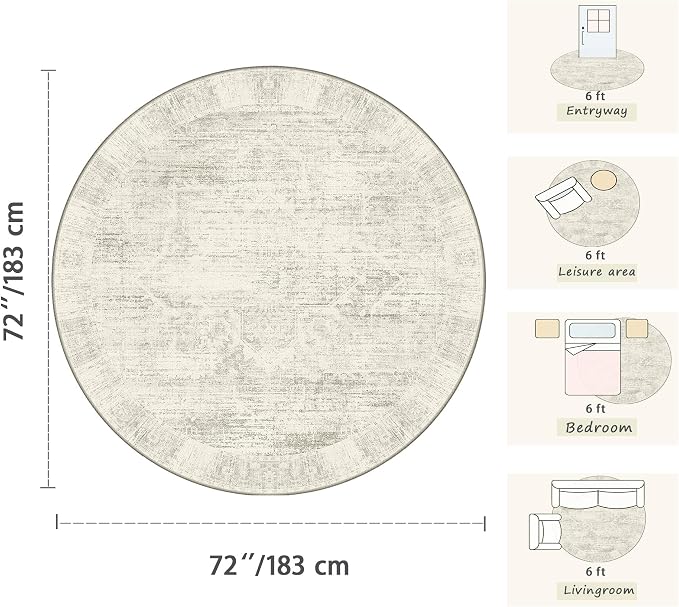 Latte&Fog 6ft Round Area Rug forBedroom Washable Circle Neutral Ivory Rug | Non - Image 2