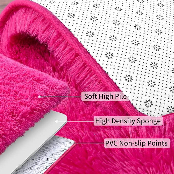 Soft Fluffy Shag Runner Rugs for Girls Bedroom 2x6 Hot Pink Washable | Shaggy - Image 5