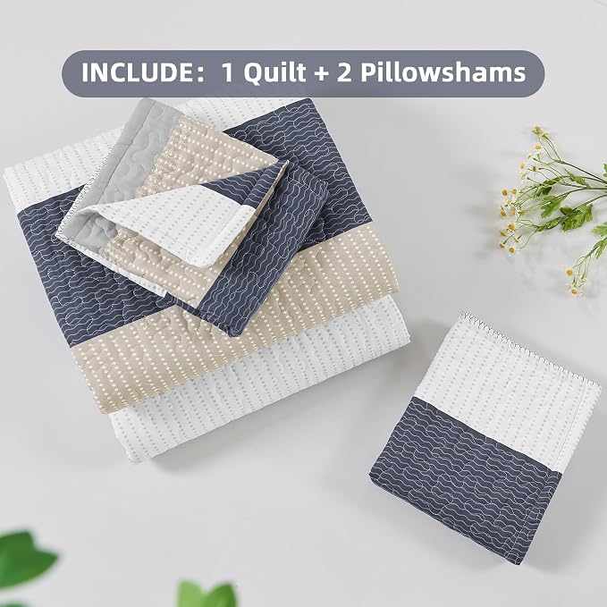 Queen Quilt Set Yellow Blue, 3 Pieces Striped Bedspread | Ultra Soft Summer - Image 8