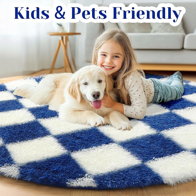KICMOR Round Rugs 5ft Blue and Cream White Circle Area Rug, Fluffy Soft Fuzzy - Image 4