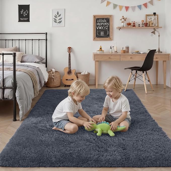 Area Rug Living Room Bedroom: 5x7 Fluffy Plush Shag Carpet Grey | - Image 7