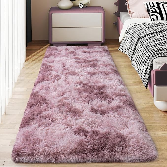 Soft Runner Rugs for Bedroom Hallways 2x6 Tie-Dyed Grey Purple | Fluffy Shag by Ailyei