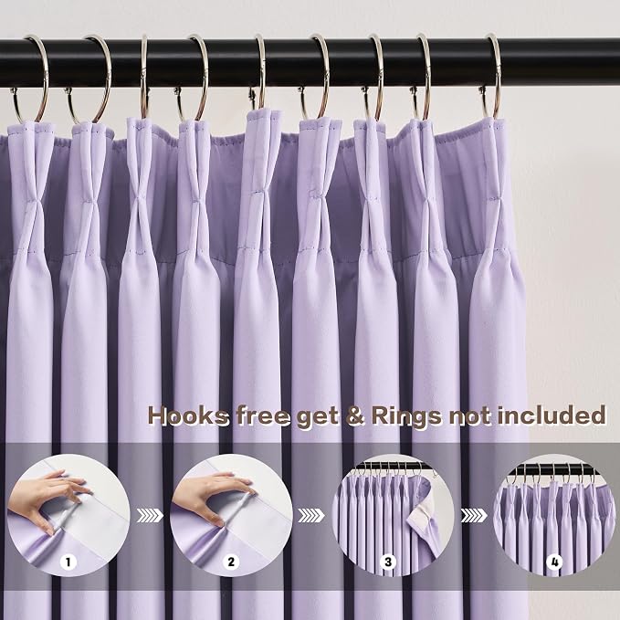 Pinch Pleated Lavender Blackout Curtains 63 Inches Long, Sound & Light Reducing - Image 2