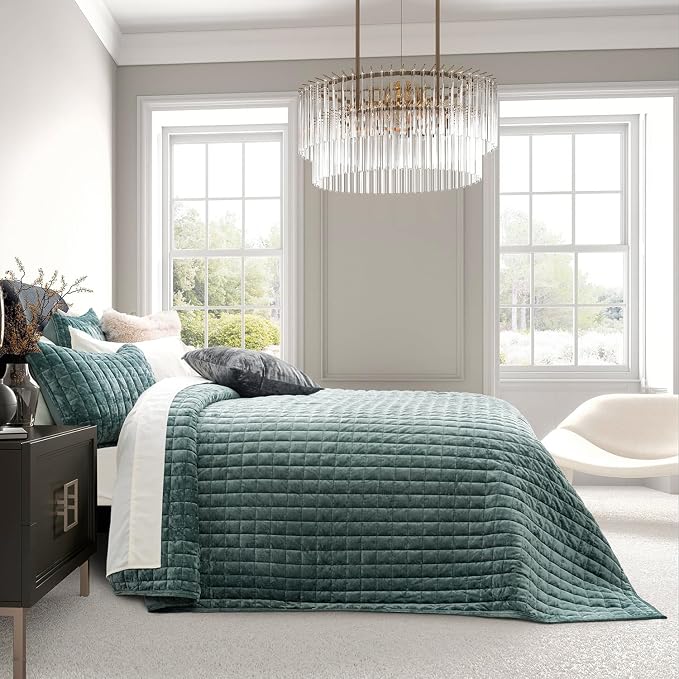 RECYCO Channel Box Stitch Velvet Quilt Set, Twin/Twin XL Size, Aqua Green | - Image 3