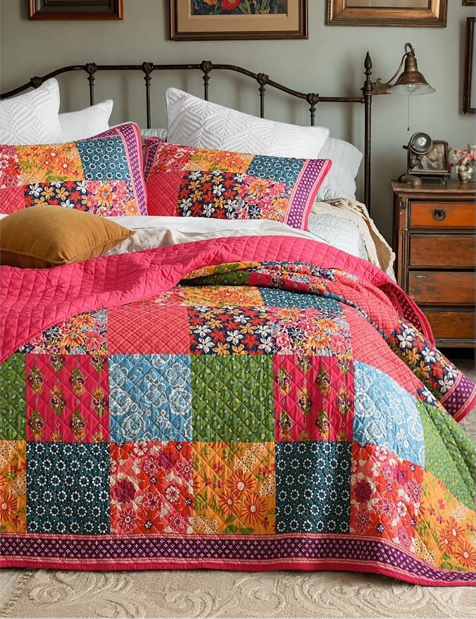 King Quilt Set - Washed Quilted Patchwork Comforter Coverlet, Lightweight - Image 2