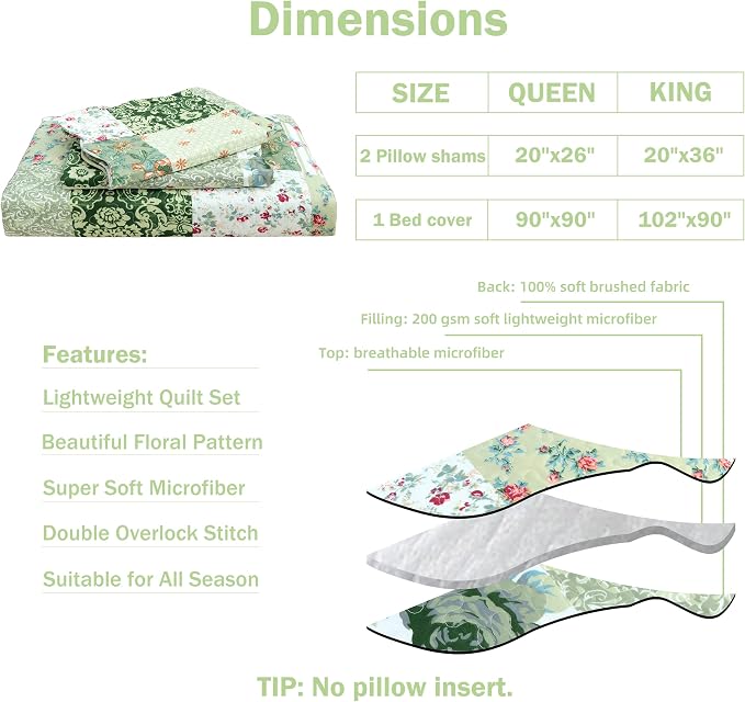 Cmfshape Summer Floral King Quilted Bedspread, Romantic Green Quilt Set King - Image 6