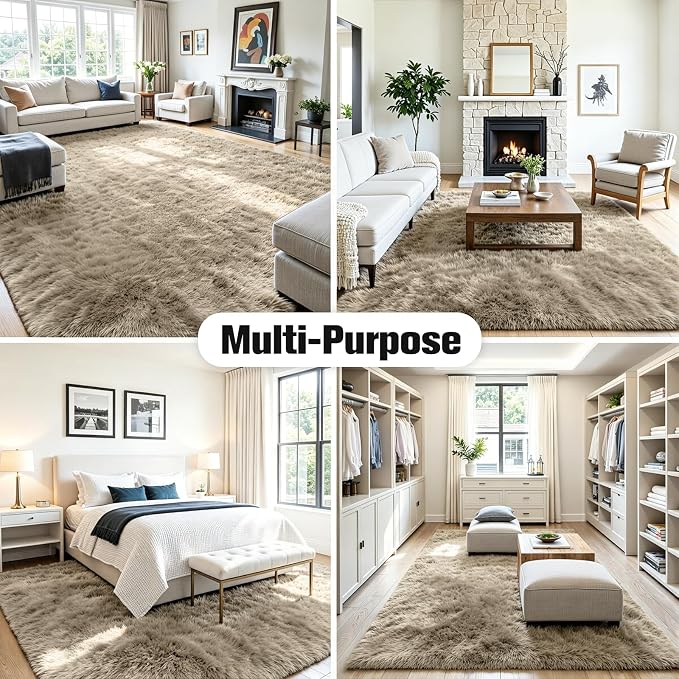 9x12 Fluffy Area Rug for Living Room: Non-Slip Grey Camel Bedroom Carpet | - Image 8