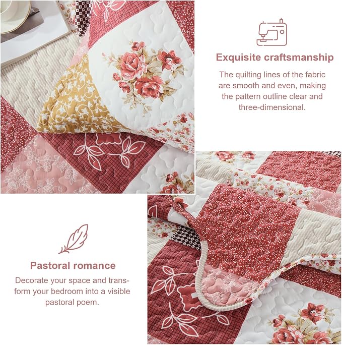 Dinjoy Boho Quilt Set Queen Size, Patchwork Floral Bedspreads, Romantic Red | - Image 8