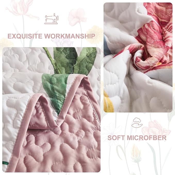 WONGS BEDDING Pink Quilt Set Queen, 3 Pieces Colorful Delicate Floral Bedspread - Image 6