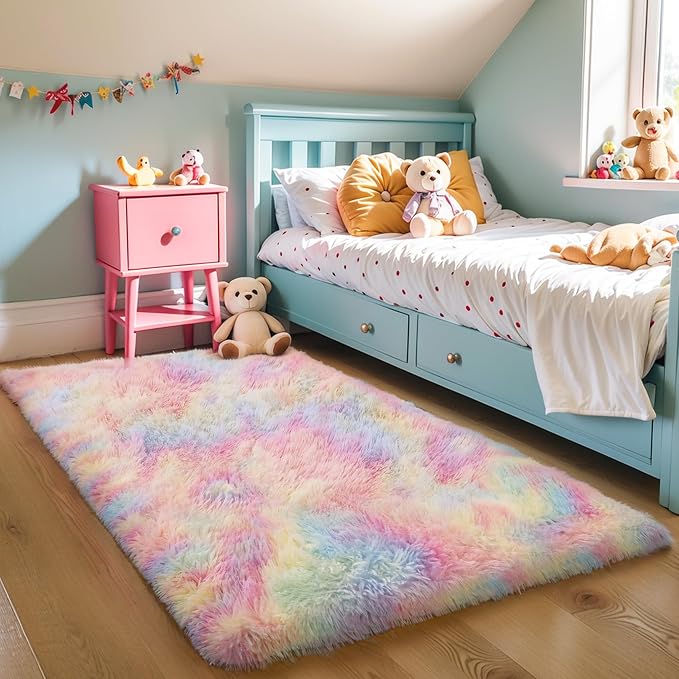 6x9 Thick Unicorn Rug for Girls Bedroom, Rainbow Plush Shag Carpet | Pastel - Image 7