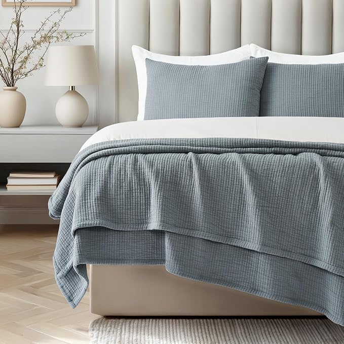 EVERGRACEHOME Cotton Gauze Matelassé Coverlet, Queen Size, Dusty Blue | Ultra - Image 7