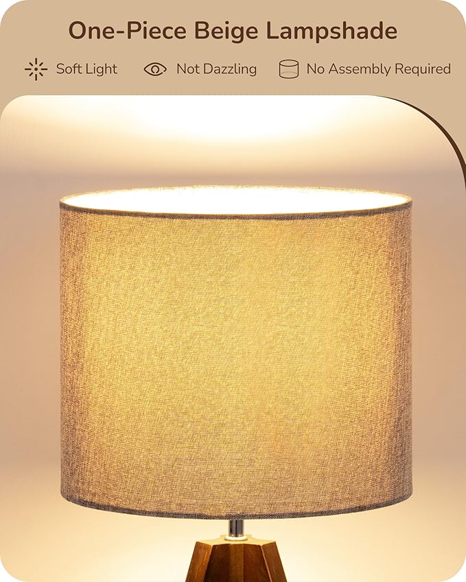 EDISHINE Boho Small Table Lamp, Wood Lamp, 14.2 Inch | Walnut Color Tripod - Image 3