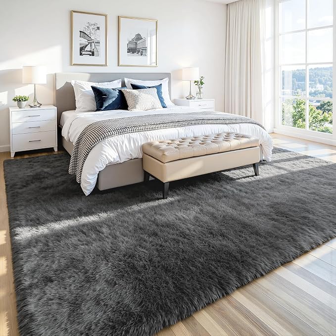 5x8 Fluffy Area Rug for Living Room: Soft Non-Slip Grey Shag Bedroom Carpet | - Image 2
