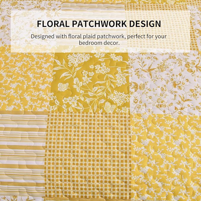 Mybedsoul Yellow Boho Quilt Set Twin Size Dorm Bedding, 2 Pieces Plaid Floral - Image 7