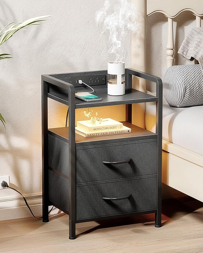 Lazzanto Nightstand with Rear Charging Station, LED Light, 2 Drawers, 2 USB-A - Image 2
