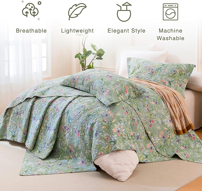 QSH 3Pcs Green Floral Quilt Oversized Queen Size -100% Cotton Quilt Oversized - Image 4