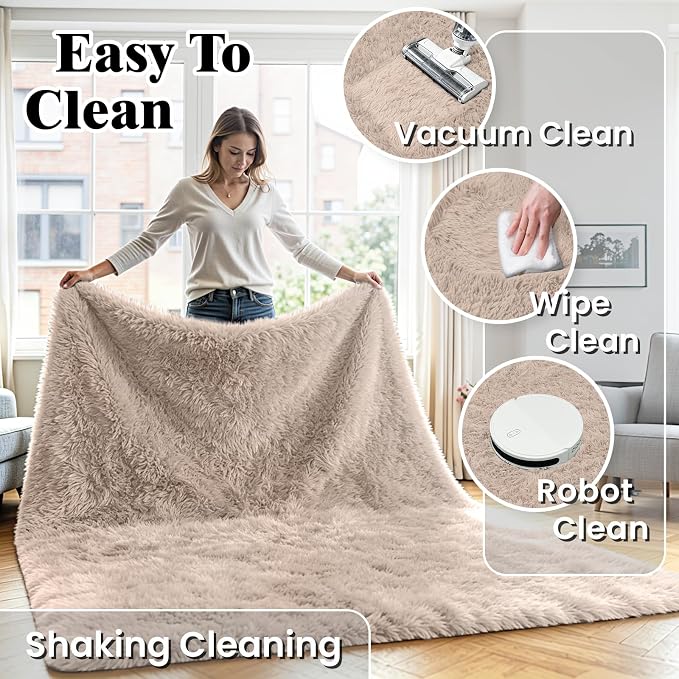 6x9 Fluffy Area Rug for Living Room: Soft Non-Slip Beige Bedroom Carpet | Ultra - Image 6