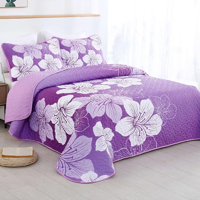 DJY Purple Floral Pattern King Quilt Set 3 Pieces Botanical Bedspread Summer - Image 2